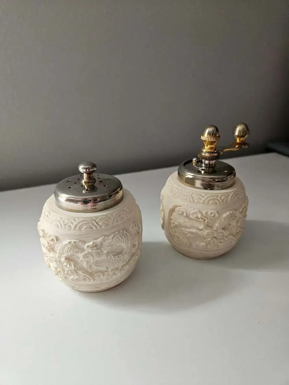Vintage Italian Carved Faux Bone/Resin Dragon Motif Salt and Pepper Grinder Set